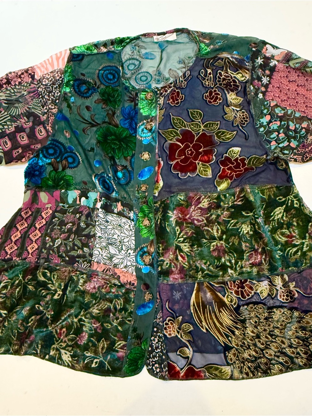 Patchwork Velvet Button-Front Blouse - Green Multi - Picture 1 of 14